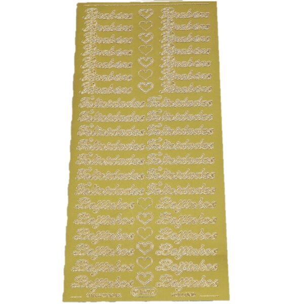 ETIQUETAS LASER “PARABÉNS, FELICIDADES E BEIJINHOS” DOURADAS